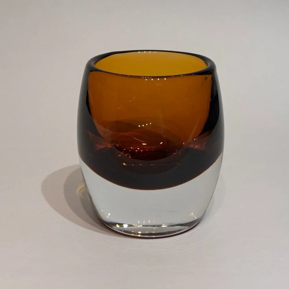 Set of 2 Crate and Barrel Topaz Amber Glass Diva Votive Candle Holders 3.5”